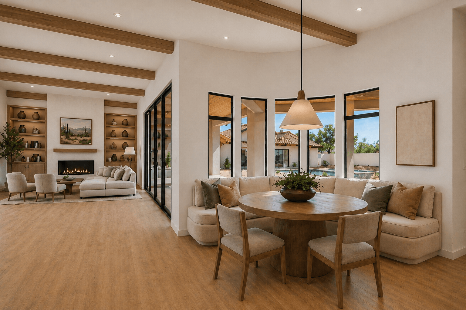 The Mountain View Estate breakfast nook — curved bay window with banquette seating, round table, and courtyard pool views