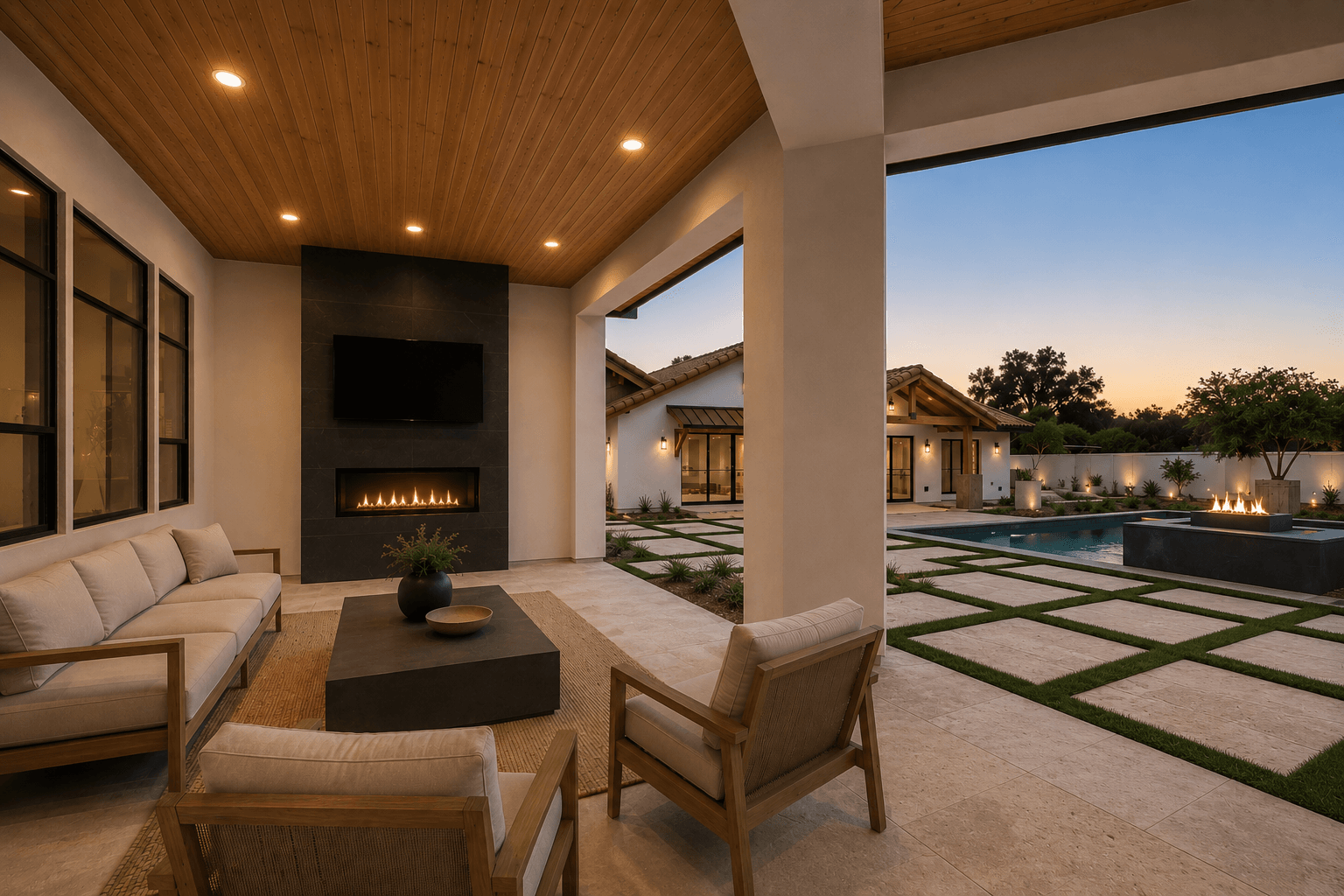 The Mountain View Estate covered patio — outdoor lounge with fireplace and TV, looking toward pool and courtyard at dusk