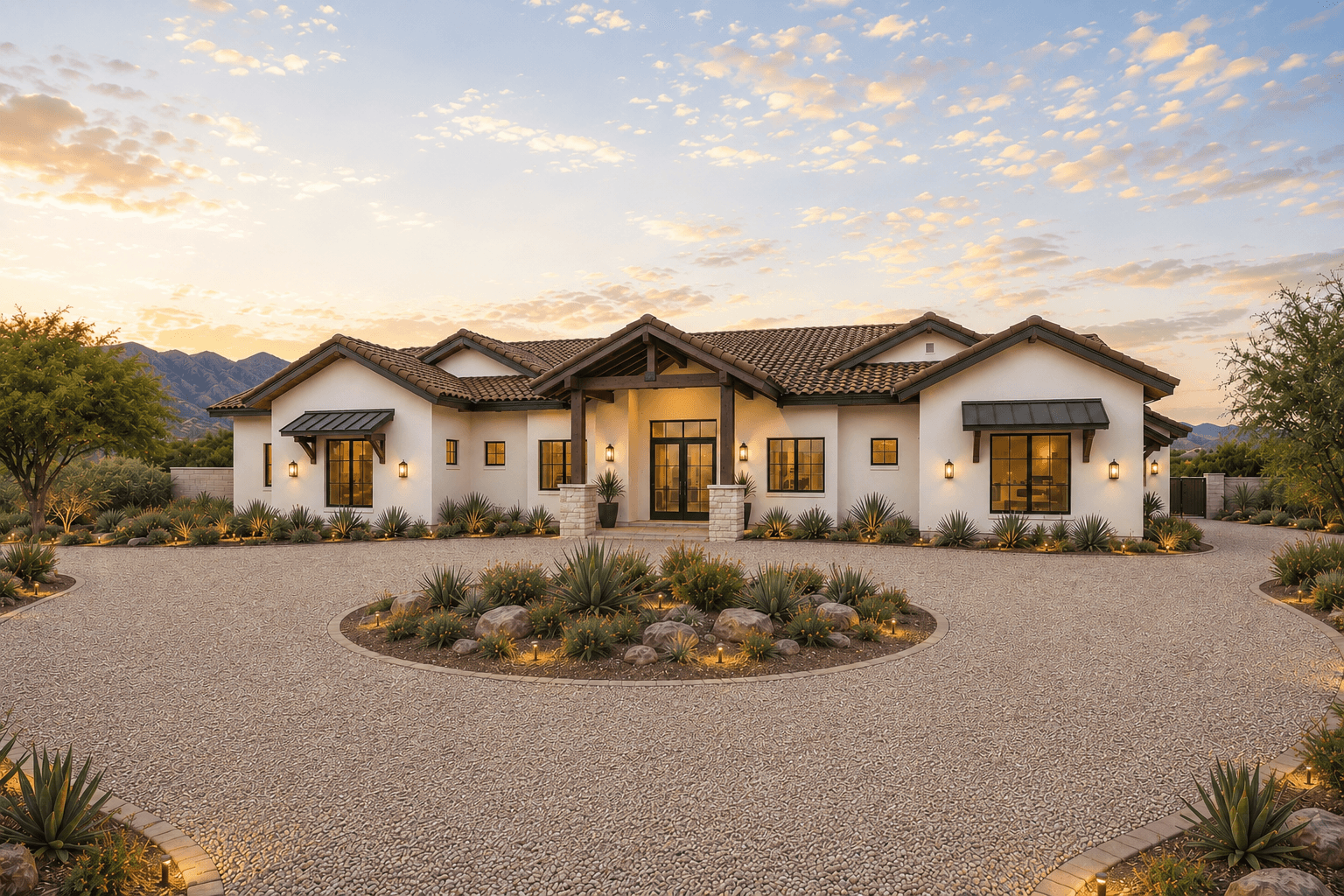 The Mountain View Estate front entry at dusk — circular drive, desert landscaping, stone pillars, and McDowell Mountains