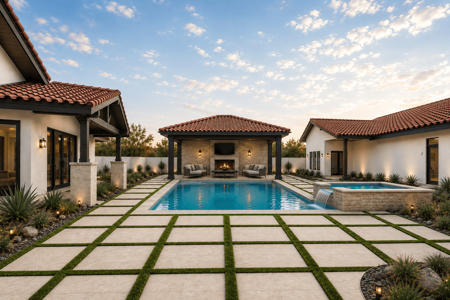 The Mountain View Estate pool courtyard — covered pavilion with fireplace, pool with spa spillover, and grass paver surround