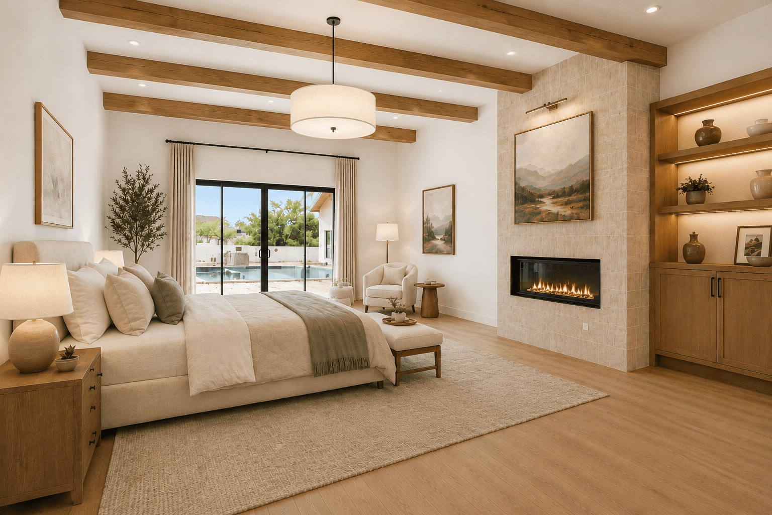 The Mountain View Estate primary suite — timber beam ceiling, linear fireplace, built-in shelving, and pool view through glass doors