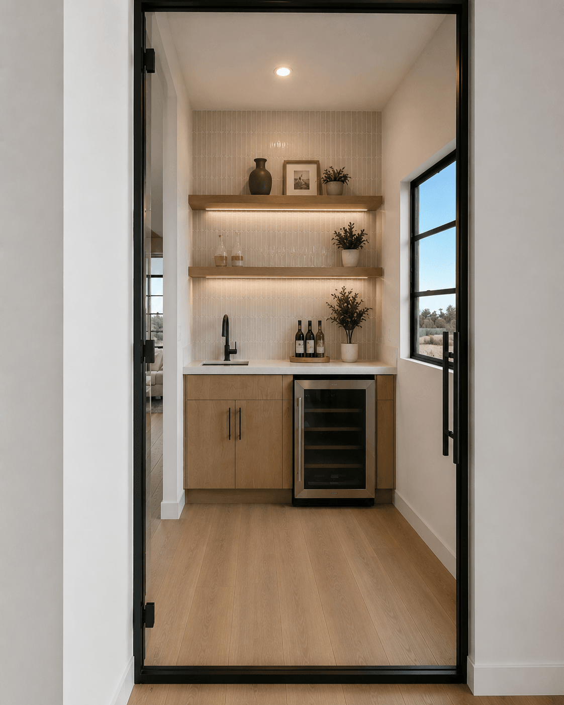 The Mountain View Estate wet bar — wine cooler, floating timber shelves, and glass door to the courtyard